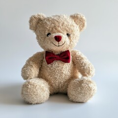 Obraz premium Soft plush teddy bear with red bowtie sitting against a light background appealing to children and collectors alike
