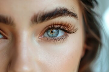 Close up of beautiful female eye with long eyelashes and well groomed eyebrows, highlighting the results of eyelash extensions