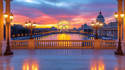 Naklejka premium Captivating Sunset over City with Ferris Wheel and Reflecting Water