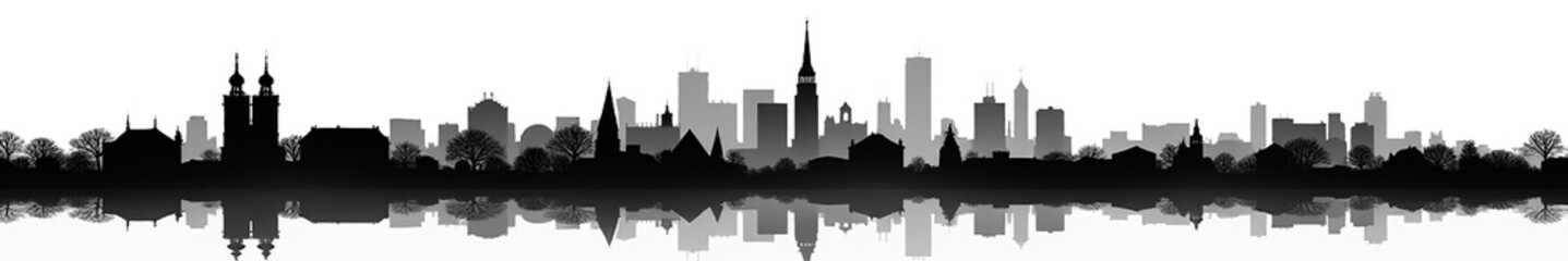 Fototapeta premium Minimalistic black and white city skyline with reflections.