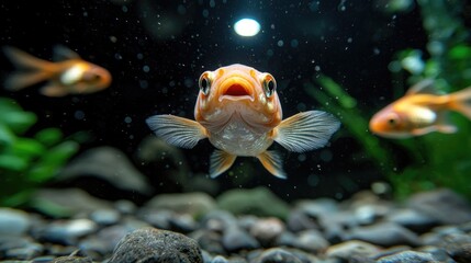 Goldfish aquarium, underwater view, close-up, aquatic plants background, pet care