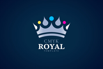 Logo Crown and Ink dots CMYK Printing theme. Royal Lux Print. Template design vector. Black background.