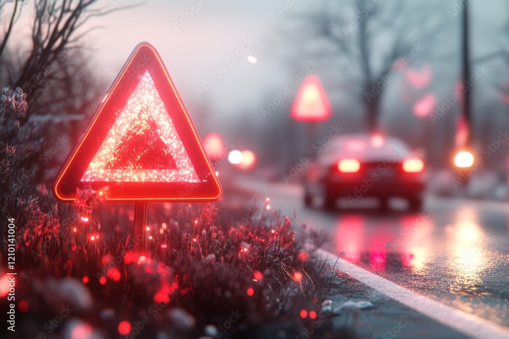 Poster a pixel art representation of yield signs scattered across a small animated road, with tiny cars nav