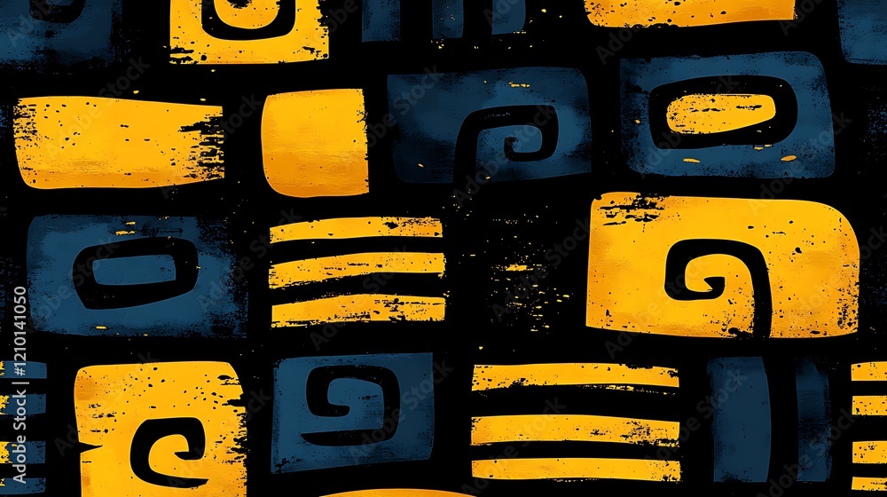 Aufkleber abstract geometric pattern: bold, stylized shapes in vibrant yellow and blue with black outlines dan