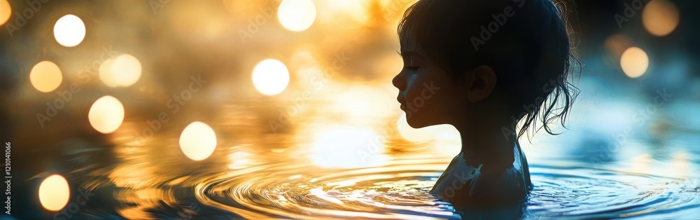 Poster Child enveloped in soft glow while playing in water at sunset, creating a tranquil atmosphere of joy and wonder