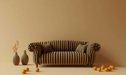A brown and black striped sofa, two vases on the left side of it, some small oranges scattered around,