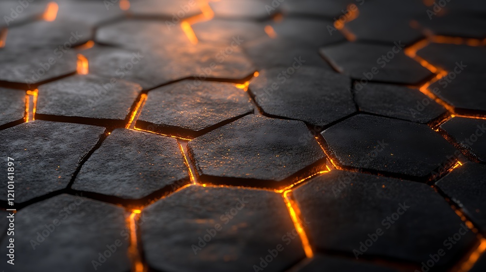 Poster glowing hexagon texture: abstract close-up of a dark, textured surface composed of glowing hexagonal