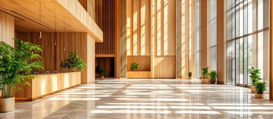 Sunlit Lobby Reception, Modern Wood, Glass Walls