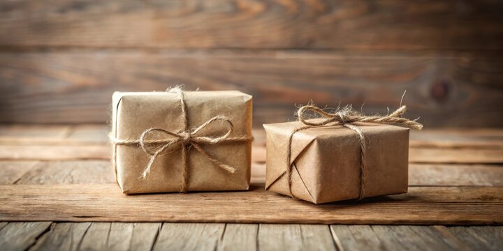 Rustic Wrapped Gifts on Wooden Surface A Simple, Elegant Presentation