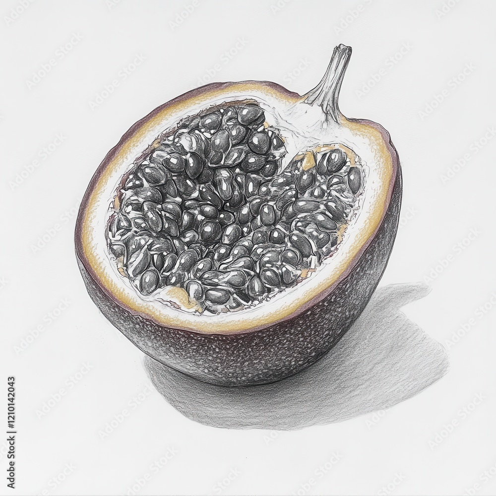 Poster passionfruit showcases its textured rind and vibrant seeds in intricate detail on a plain background