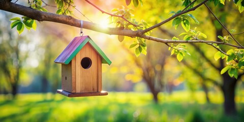 A charming wooden birdhouse hangs from a tree branch, bathed in the warm glow of a spring sunset.