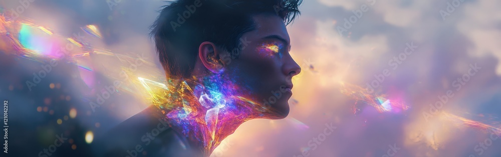 Poster mystical profile of a man with vibrant colors and energy, exploring the depths of imagination and sp