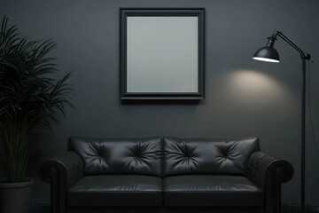 A simple black leather sofa in the living room, next to it is an empty picture frame on the wall