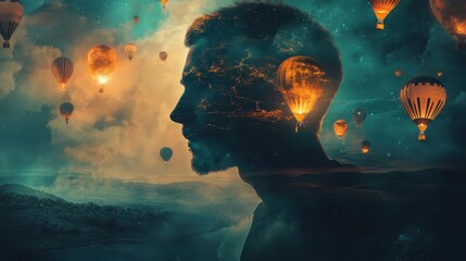Mystical profile of a man filled with vibrant imagery and floating hot air balloons in a serene landscape under a colorful sky