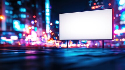 Empty Billboard on Urban Street at Night Surrounded by City Lights Creating an Atmosphere of Mystery and Anticipation