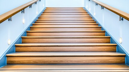 Modern wooden stairs ascending in bright hallway, interior design, corporate success