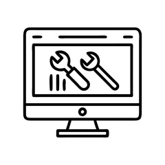 computer screen with tools icon, computer screen with tools line art - simple line art of computer screen with tools, perfect for computer screen with tools logos and icons