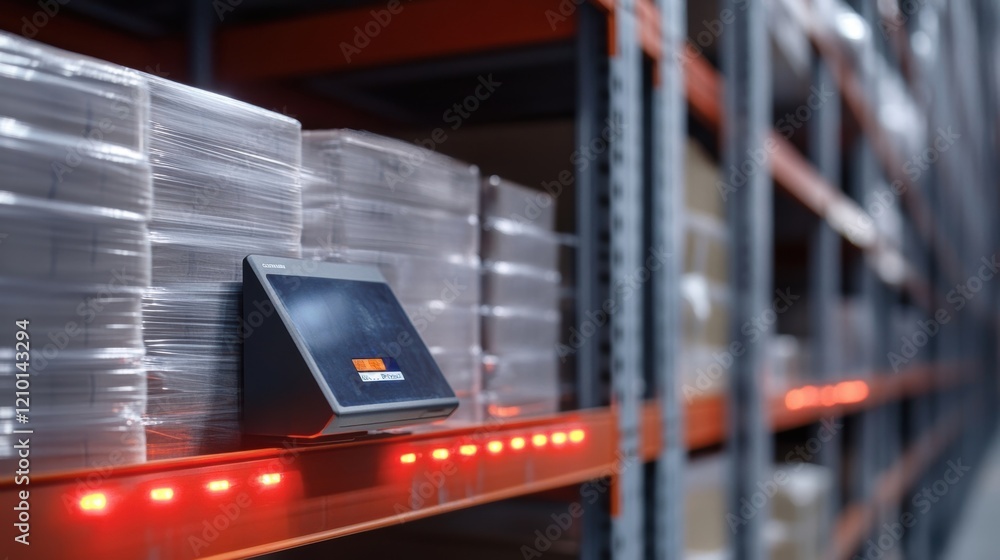 Poster modern warehouse management system with integrated digital display and sensor technology optimizing 