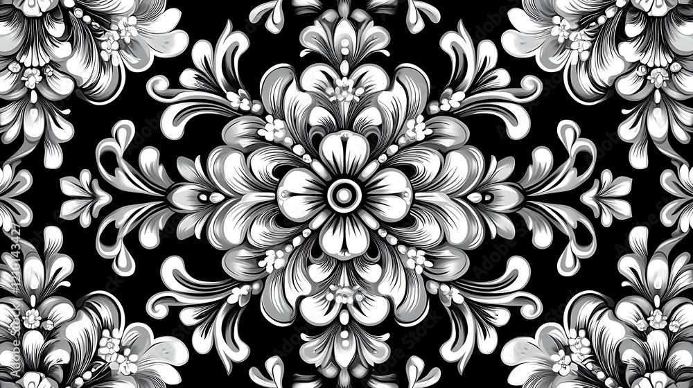 Poster floral damask pattern: an elegant and intricate damask pattern featuring stylized flowers and swirli