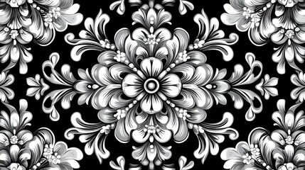 Floral Damask Pattern: An elegant and intricate damask pattern featuring stylized flowers and swirling leaves in a monochrome palette of black and white, creating a timeless and sophisticated design.