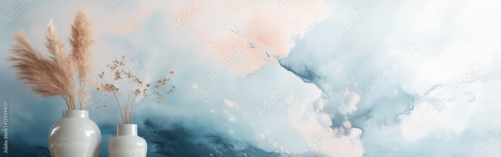 Poster dreamy abstract design in pastel blues with vases and dried flowers creating a serene atmosphere in 