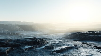 Obraz premium Sunrise over misty, rocky alien landscape; science fiction film background