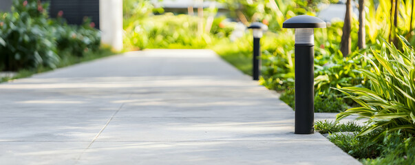 Fototapeta premium Tranquil garden path illuminated by modern pathway lights. Lush greenery frames the scene, creating a serene and peaceful atmosphere. Perfect for relaxation and contemplation.