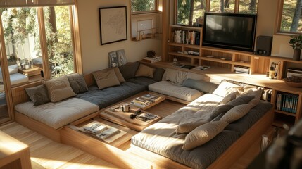 Cozy living room designed for relaxation with stackable chairs and a warm ambiance