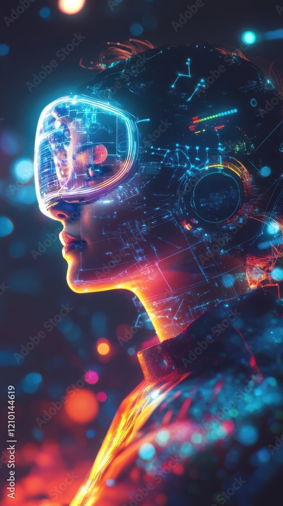 Aufkleber Conceptual design representation of a modern designer using virtual reality technology in a colorful digital landscape
