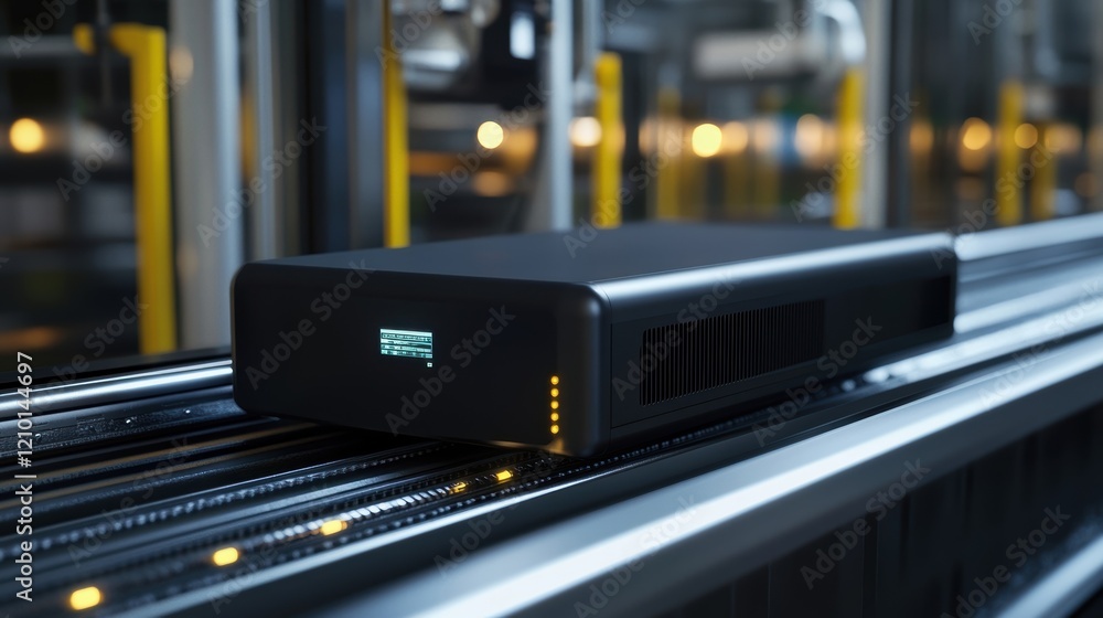 Poster server unit with flashing lights moving on an assembly line inside of a modern factory, showcasing a