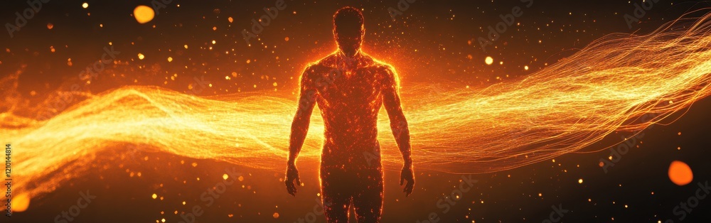 Poster man glowing with vibrant energy amid swirling light on a dark background representing strength and v