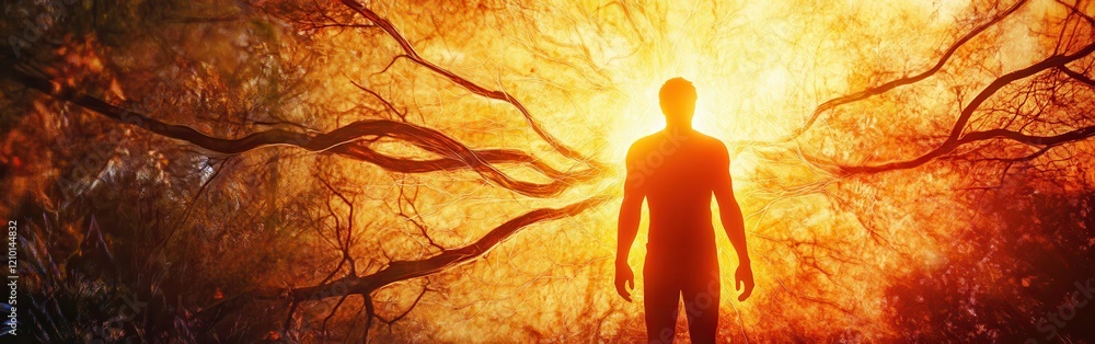 Poster man glowing amid dynamic light and organic patterns in a surreal environment