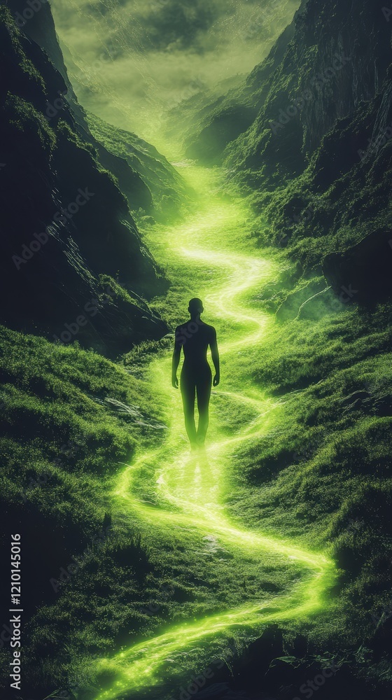 Poster Man illuminated by glowing green light walking along a winding path through a mystical landscape in a serene natural setting