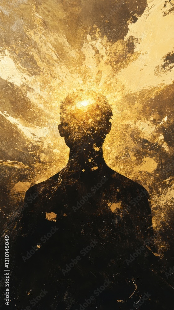 Poster conceptual portrayal of a man radiating golden light, embodying introspection and enlightenment in a
