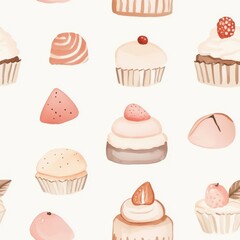 Beautiful watercolor doodle of various sweet desserts in pastel colors for a calming aesthetic