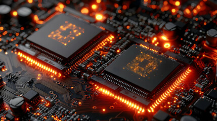Close-up of illuminated microchips on a circuit board, showcasing intricate details and glowing orange accents against a dark background.  High-tech d