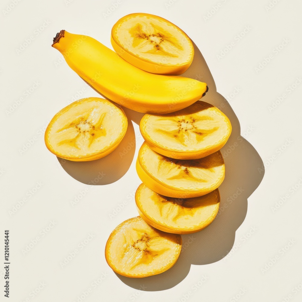 Poster Bright yellow banana sliced into coins arranged on a solid surface with appealing shadows
