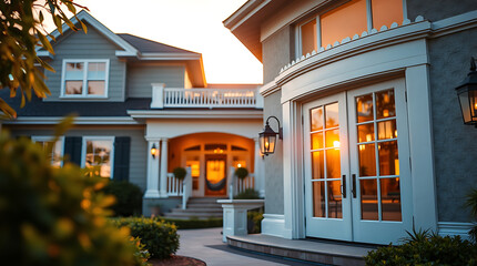 Luxury House Exterior at Sunset: Modern Architecture and Landscaping