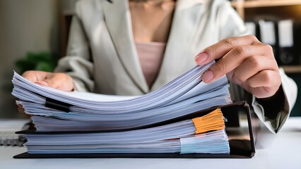 A businesswoman looks through a stack of paper files on her office desk, checking and managing corporate documents. She organizes various folders, ensuring efficient document management.