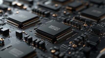 Close up view of a cpu processing data on a motherboard, highlighting intricate details of the integrated circuit and electronic components, reflecting modern computing complexity