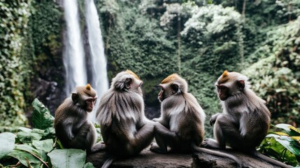 Obraz premium Monkeys jungle waterfall background travel brochure
