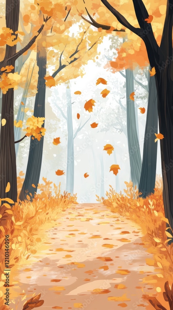 Poster serene autumn forest path with falling leaves and soft haze in the air inviting peaceful strolls