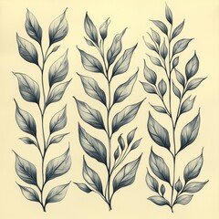 A collection of hand-drawn botanical illustrations showcasing diverse leaves and flowers in black ink against a soft beige background, perfect for elegant designs and nature-themed projects