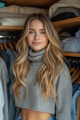 Fototapeta premium Girl with long hair in a gray knitted sweater cleaning the wardrobe