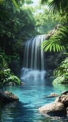 Fototapeta premium Lush jungle landscape featuring a serene waterfall cascading into a tranquil pool amidst vibrant greenery