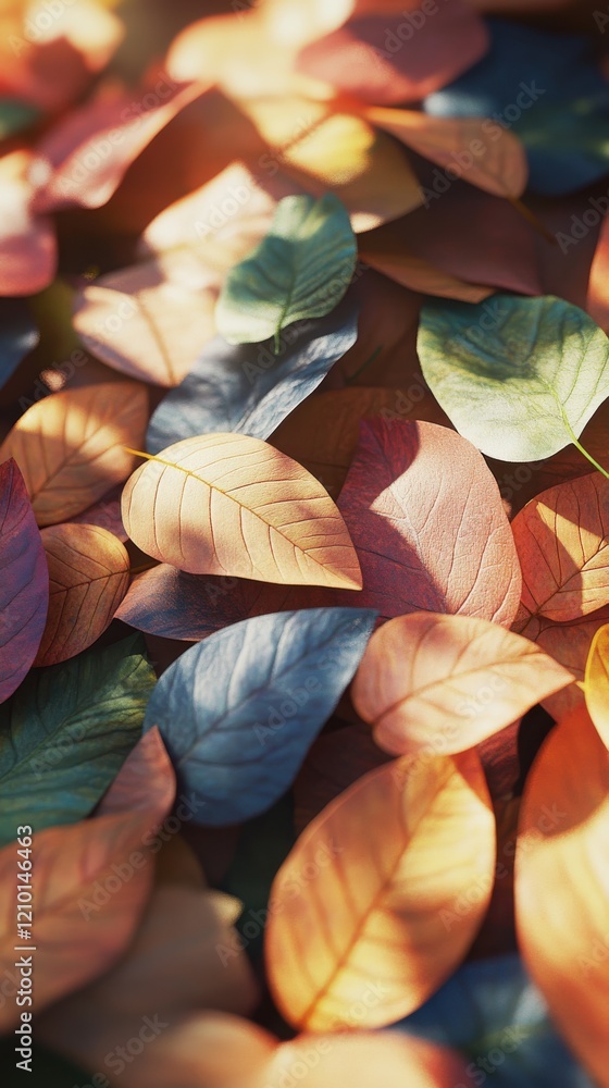Poster colorful autumn leaves create a vibrant and textured close-up view on the forest floor in soft sunli