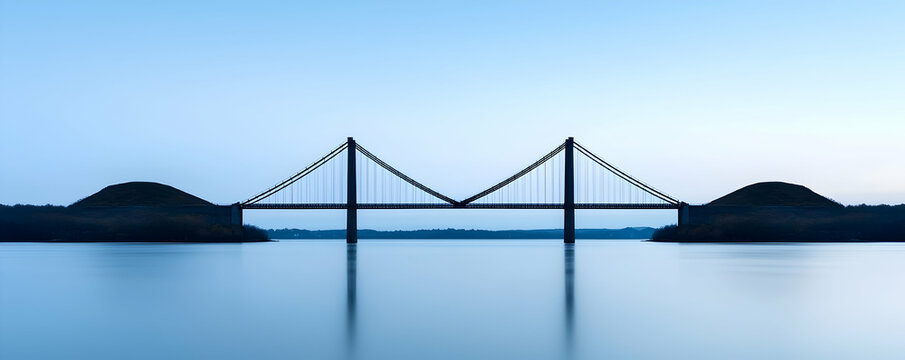 Serene twilight. A majestic suspension bridge stretches across calm waters, its silhouette mirrored in the tranquil surface, a breathtaking spectacle of engineering and nature's harmony.
