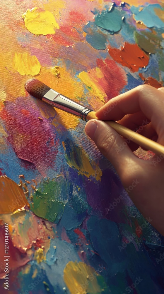 Poster close-up view of a hand painting a vibrant and colorful artwork with a brush on a canvas in a creati