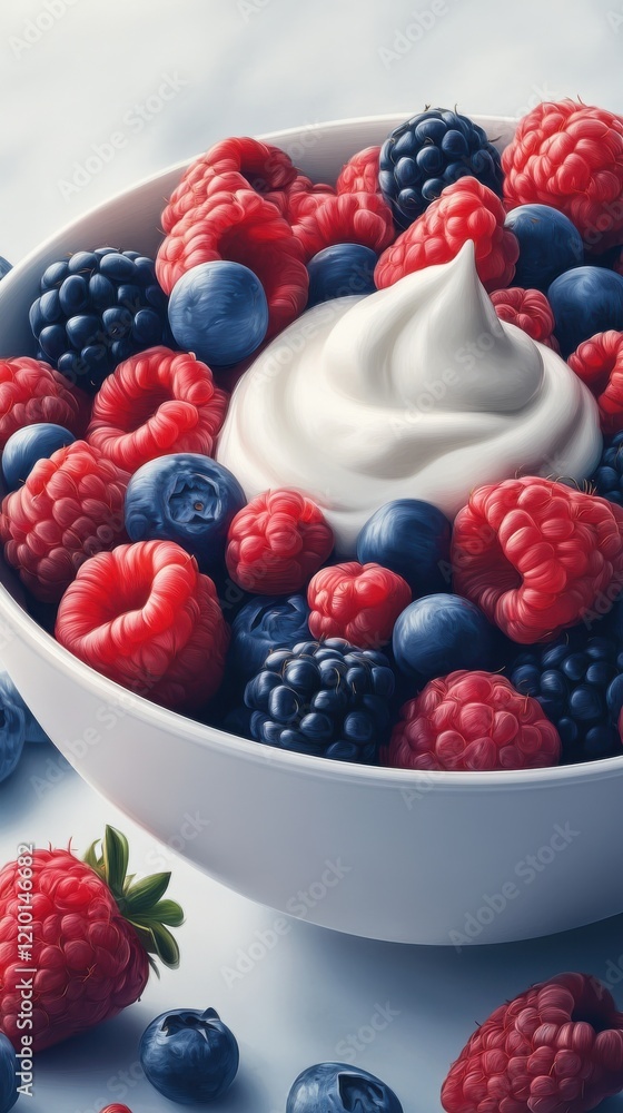 Poster bowl filled with assorted berries and creamy topping served on a light surface for a fresh snack