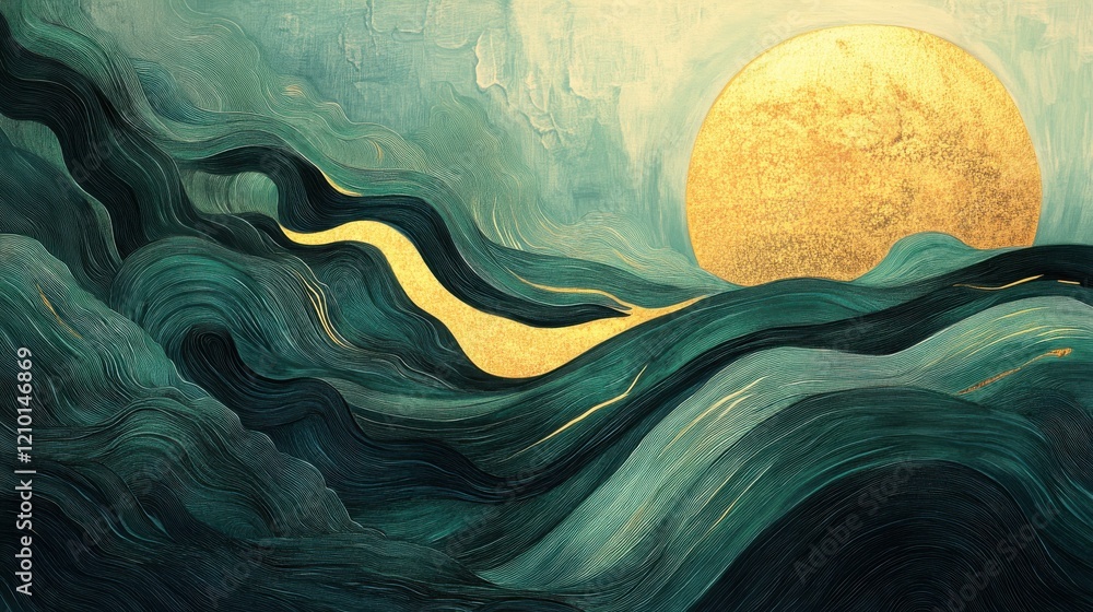 Poster Pencil strokes create an abstract landscape of waves in muted green and gold with a radiant sun in the background
